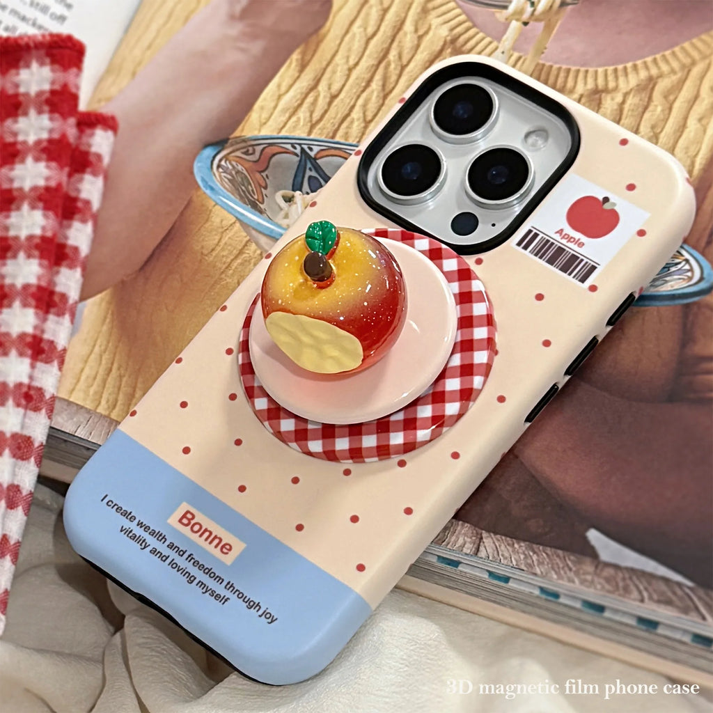 Cute Polka Dots 3D Luminous Crystal Apple Lattice Bracket Magnetic Phone Case For iPhone 12 13 11 14 15 16 17 Pro Max Hard Cover