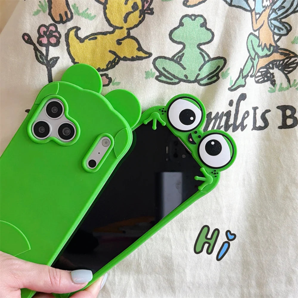 Funny Cartoon Big Eyes Green Frog Phone Case for iPhone 17/16/15/14/13 Pro Max 3D Soft Silicone Shockproof Cover Funda 17 Pro