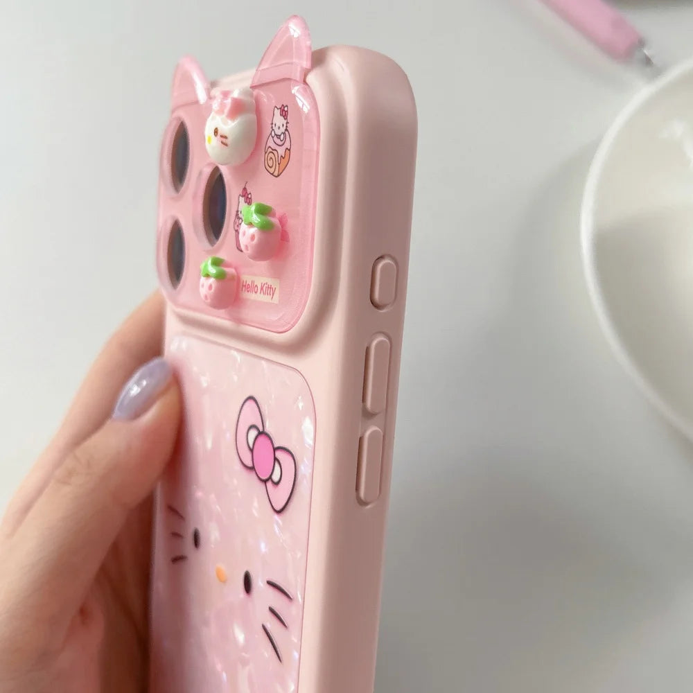 Sanrio HelloKitty Lines Expression Phone Case For iPhone 17 16 15 Pro Max Cartoon 3D Strawberry KT Cat Ear Lens Protection Cover