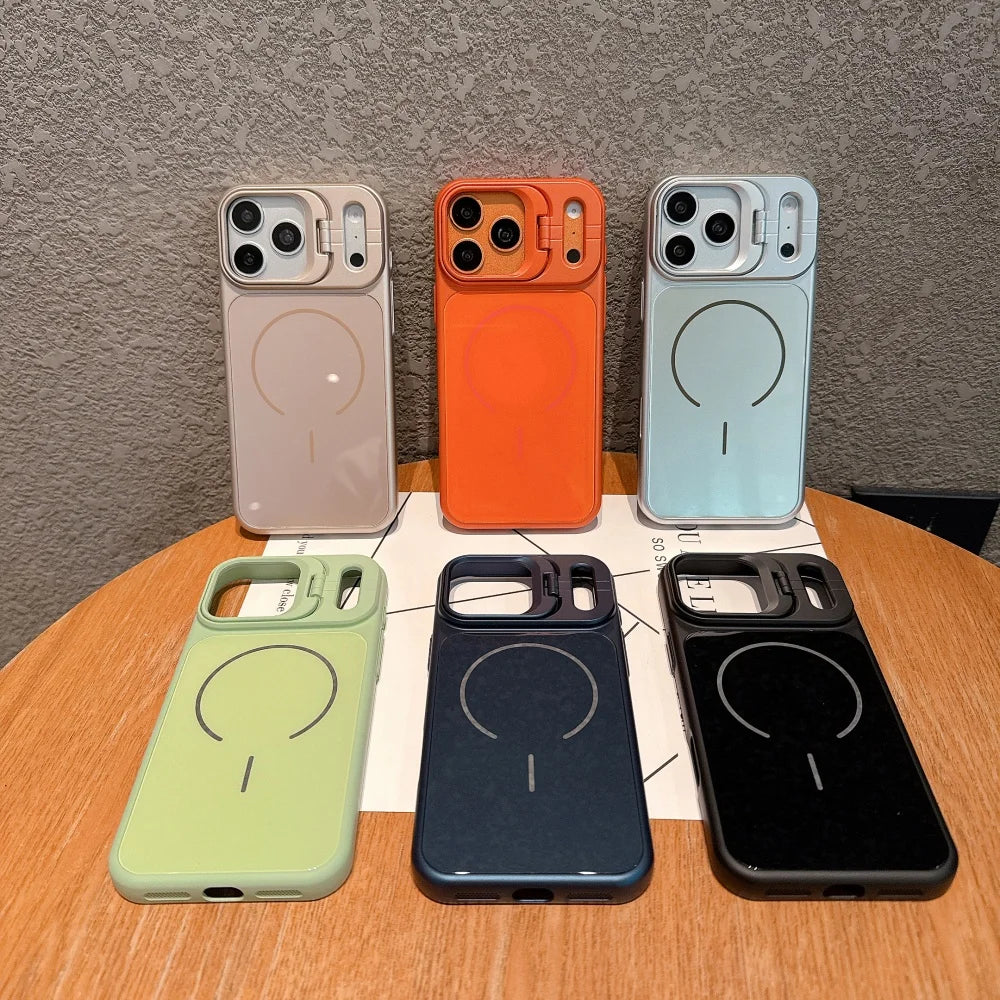 Glass Back Panel Magnetic Bracket Phone Case For iPhone 17 Pro Max 16 15 14 13 12 11 Pro Max 11 Lens Mount Shockproof Cover