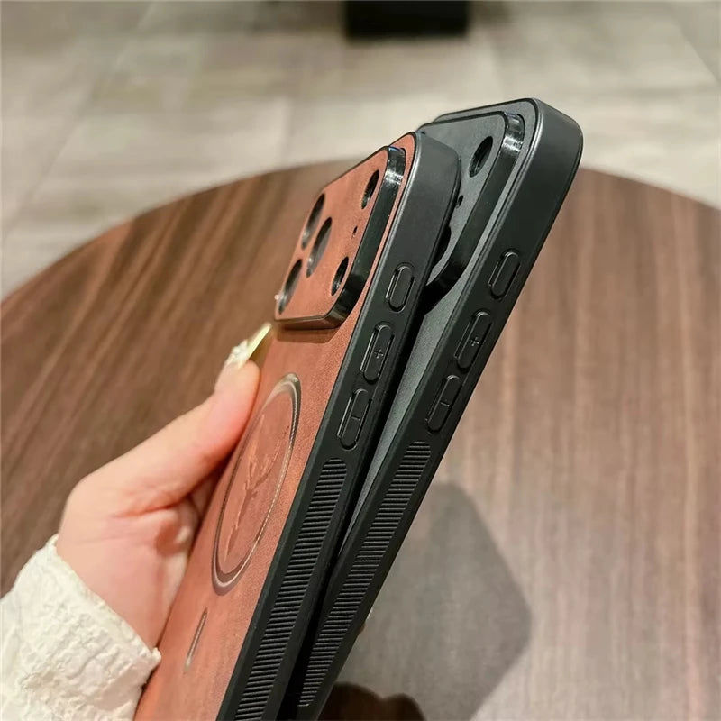 Luxury Deer Head Leather For Magsafe Case For iPhone 17 16 15 14 13 12 11 Pro Max Plus Air Wireless Charging Phone Accessories
