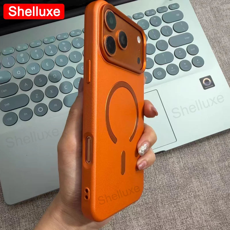 For iPhone17 ProMax Leather Magnetic Phone Case Shelluxe For iPhone 17 Air 16 15 14 13 12 Pro Max Cases Lens Metal-Frame Cover