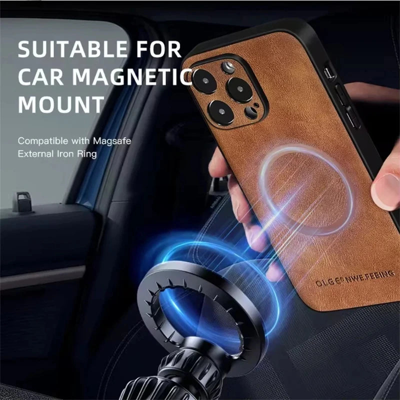 Leather For Magesafe Phone Cases For iPhone 17 13 12 11 Pro Max 17 Air 16E Wireless Charging Case For iPhone 16 15 14 Plus Cover