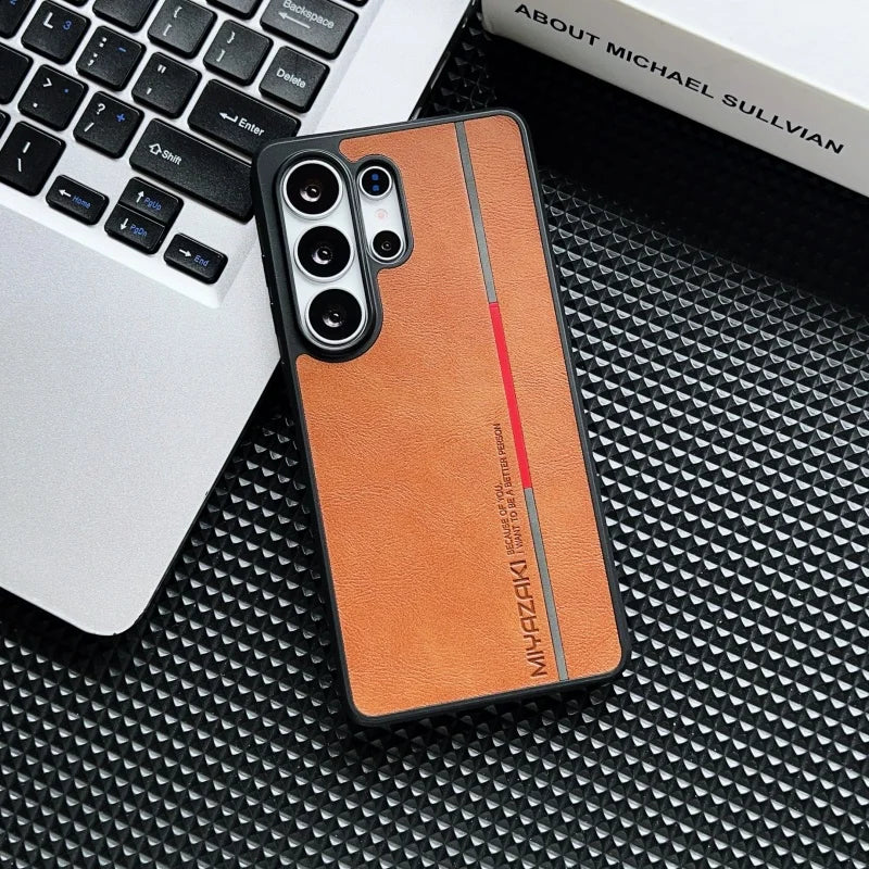 Luxury Leather Lines Color Blocking Case for Samsung Galaxy S26 S25 S24 S23 S22 Ultra Retro Armor Shockproof Bumper Phone Cover