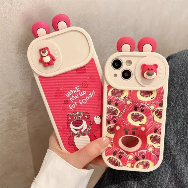 Disney 3D Lotso Bear Slide Camera Cover Phone Case for iPhone 16 15 14 13 12 11 Pro Max Cute Pink Anti-scratch Protective Cover