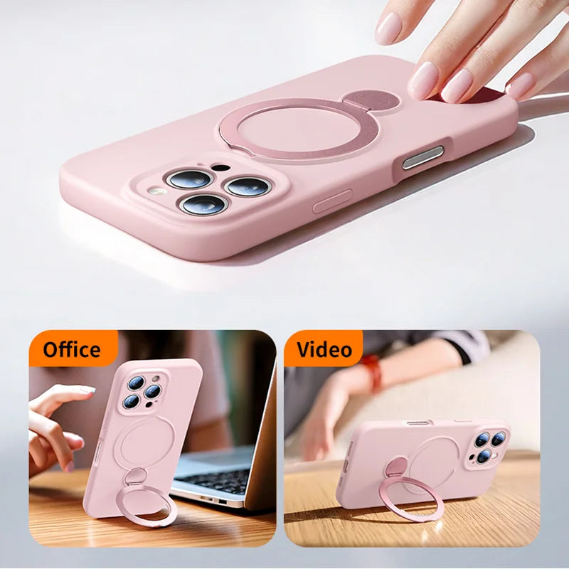 For Magsafe Liquid Silicone Phone Case For iPhone 17 Pro Max Air 15 14 Plus 11 13 12 16 Pro Magnetic Ring Stand Protection Cover