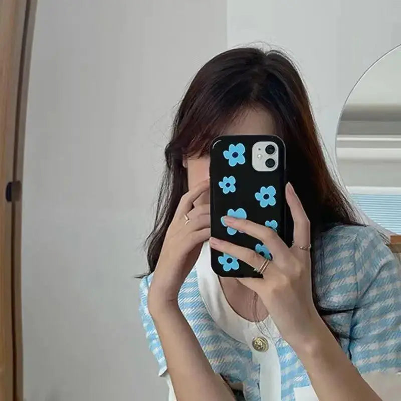 INS Fashion Blue Flower Phone Case For IPhone 17 16 Pro 15 14 13 12 11Promax XS XR 78Plus Fashion Anti Fall Minimalist Cover Y2k
