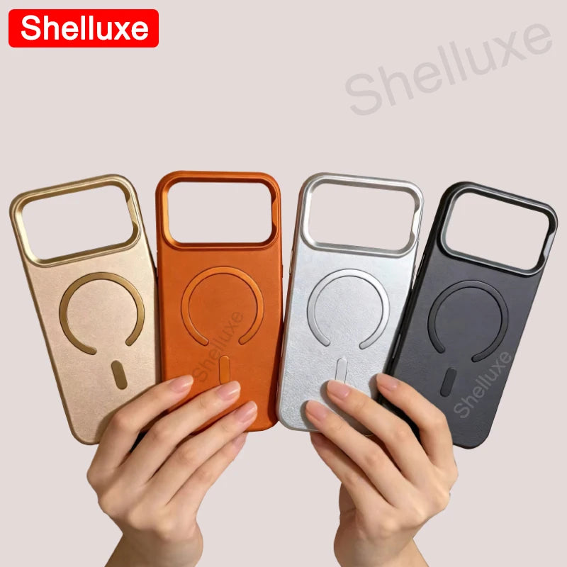For iPhone17 ProMax Leather Magnetic Phone Case Shelluxe For iPhone 17 Air 16 15 14 13 12 Pro Max Cases Lens Metal-Frame Cover