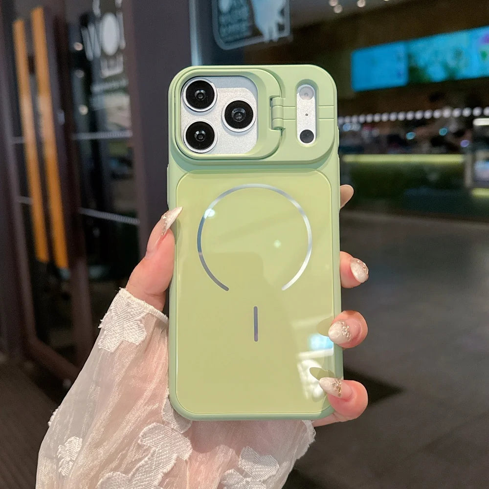 Glass Back Panel Magnetic Bracket Phone Case For iPhone 17 Pro Max 16 15 14 13 12 11 Pro Max 11 Lens Mount Shockproof Cover