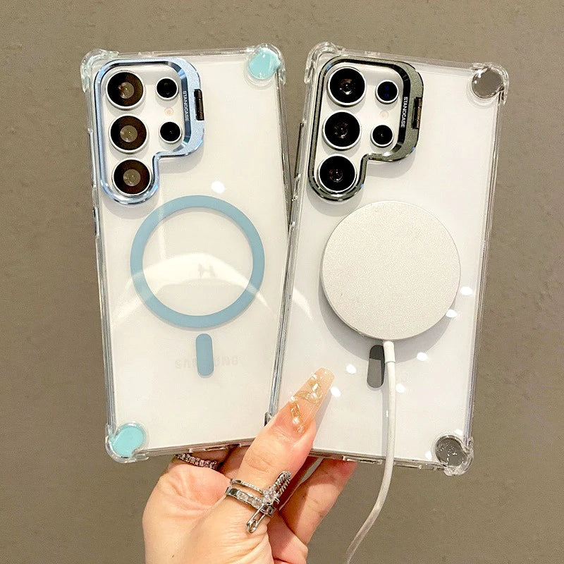 Luxury Transparent Case For Samsung Galaxy S25 S24 S23 S22 Ultra Plus A17 A56 A36 A16 A26 FE For Magsafe Magnetic Stand Cover