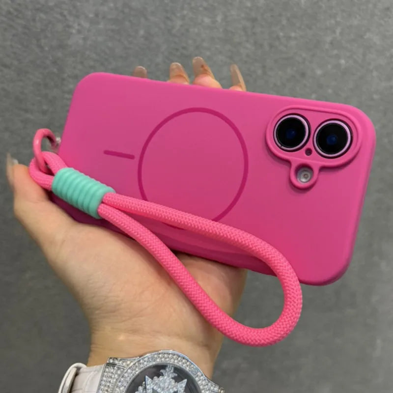 Original Liquid Silicone For Magsafe Case for iPhone 17 16 15 14 Plus 13 12 Pro Max Soft Shockproof Magnetic Lanyard Strap Cover