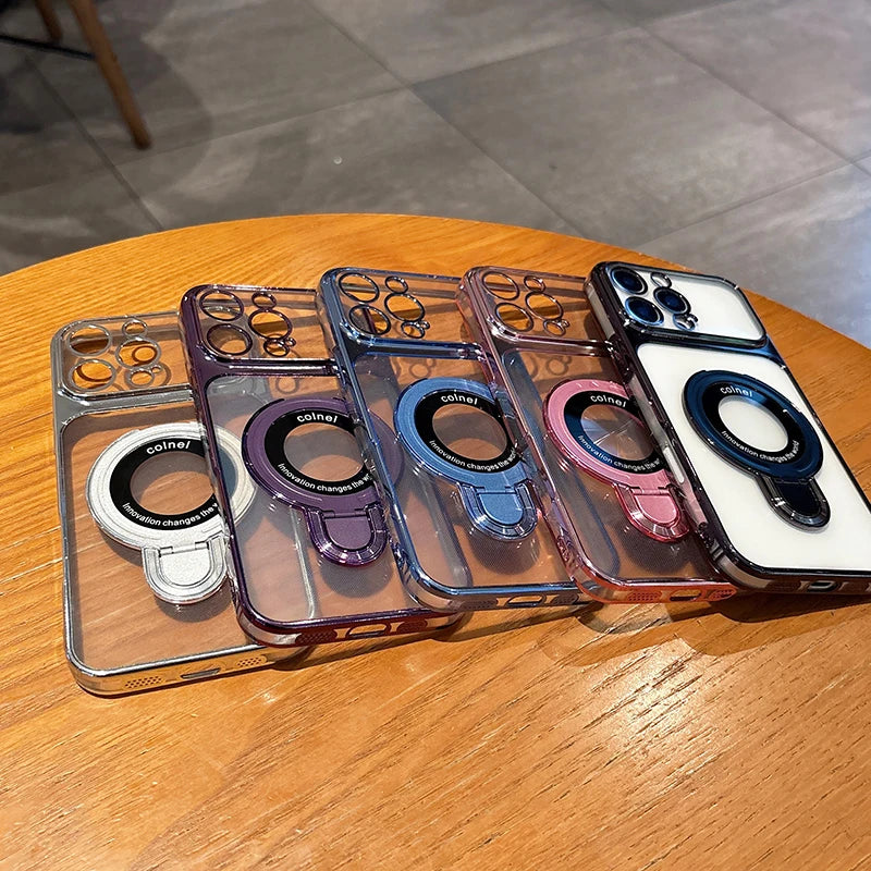For Magsafe Wireless Charging Case For iPhone 17 Pro Max 17e 16e 14 15 13 12 11 16 Plus Transparent Plating Ring Holder Cover