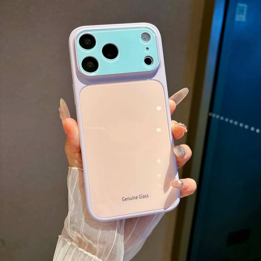 Q6 Candy Color Crystal Glass Lens Protect Phone Case For iPhone 17 16 15 14 Pro Max Contrasting Color Shockproof Back Cover