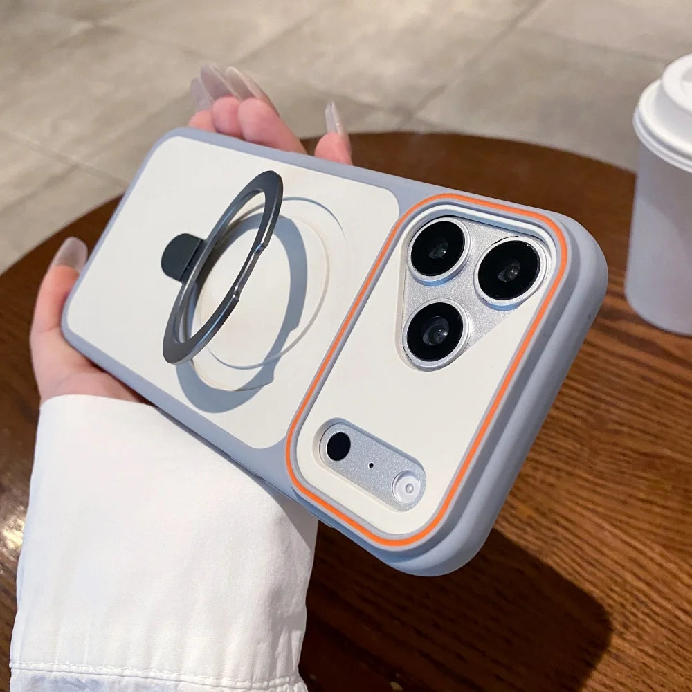 Luxury For Magsafe Magnetic Fold Metal Bracket Phone Case For iPhone 17 Air 16 15 14 Plus 13 12 Pro Max Matte Shockproof Cover