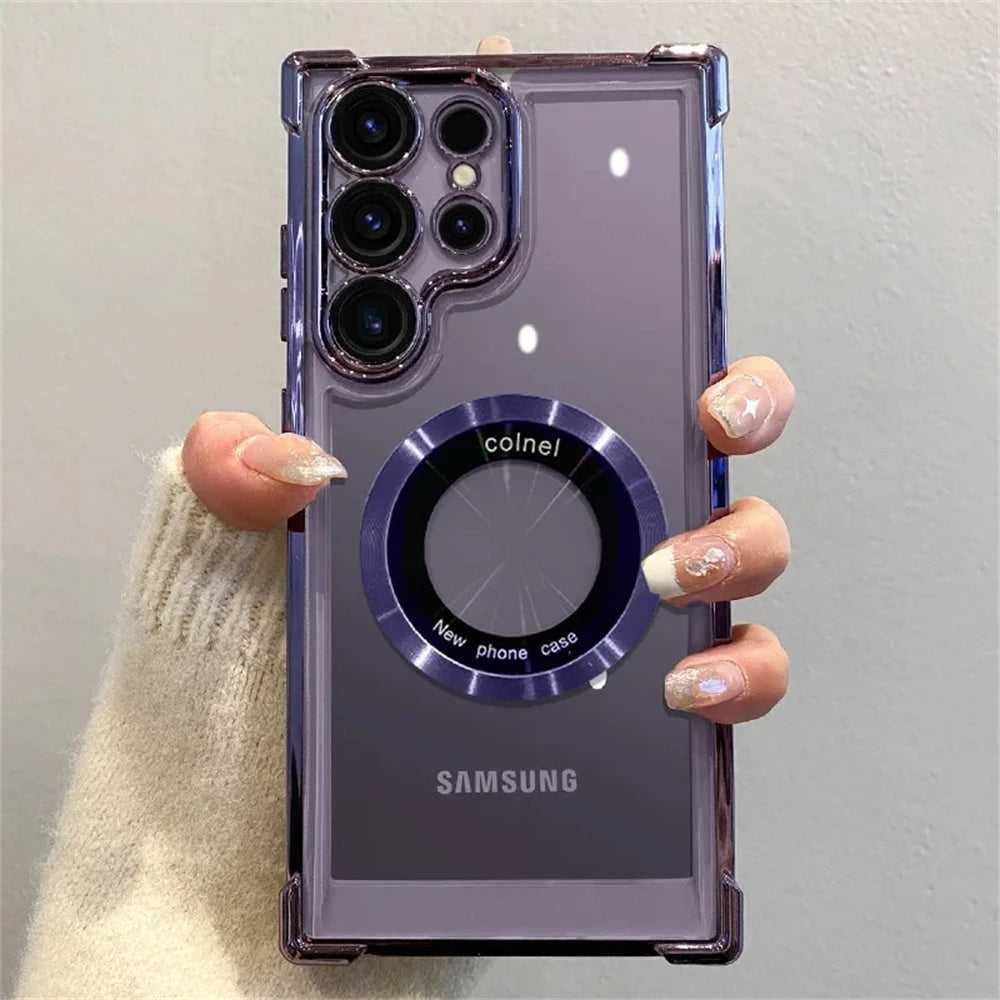 For Magsafe Plating Clear Phone Cases For Samsung Galaxy S26 S25 S24 Ultra S23 Plus Magnetic Corners Airbags Shockproof Cover