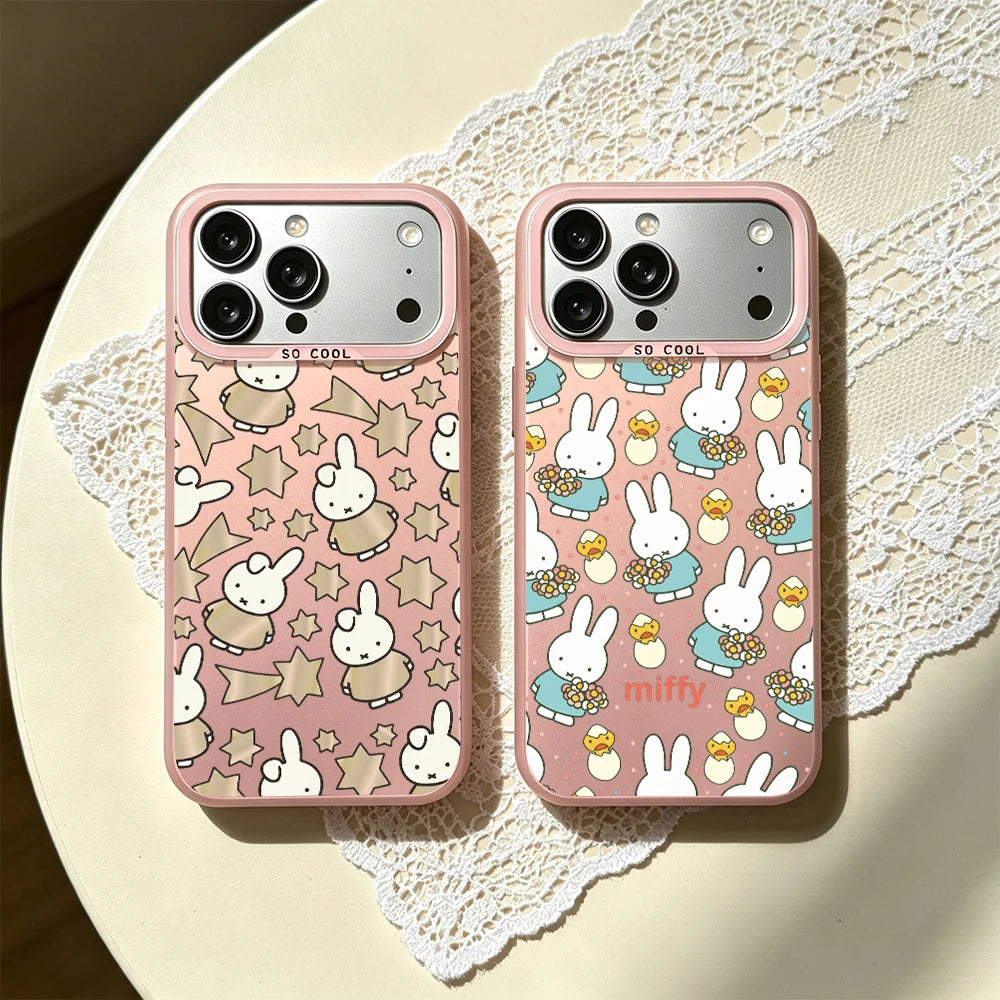 Cartoon Cute M-Miffy E Phone Case For iPhone 11 12 13 14 15 16 17 E Pro Max Plus Mini Electroplated Silver IMD Laser Pink Cover