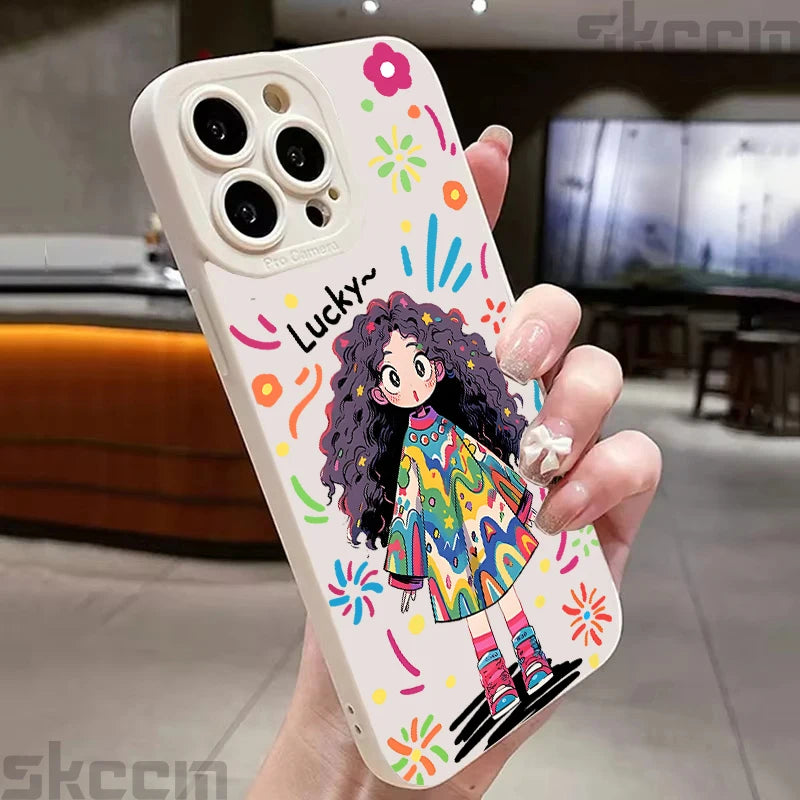 Cute Cartoon Little Girl Printed Silicone Phone Case For iPhone 16 Pro Max 15 14 13 12 11 7 8 Plus XR X XS 16E Soft Cover