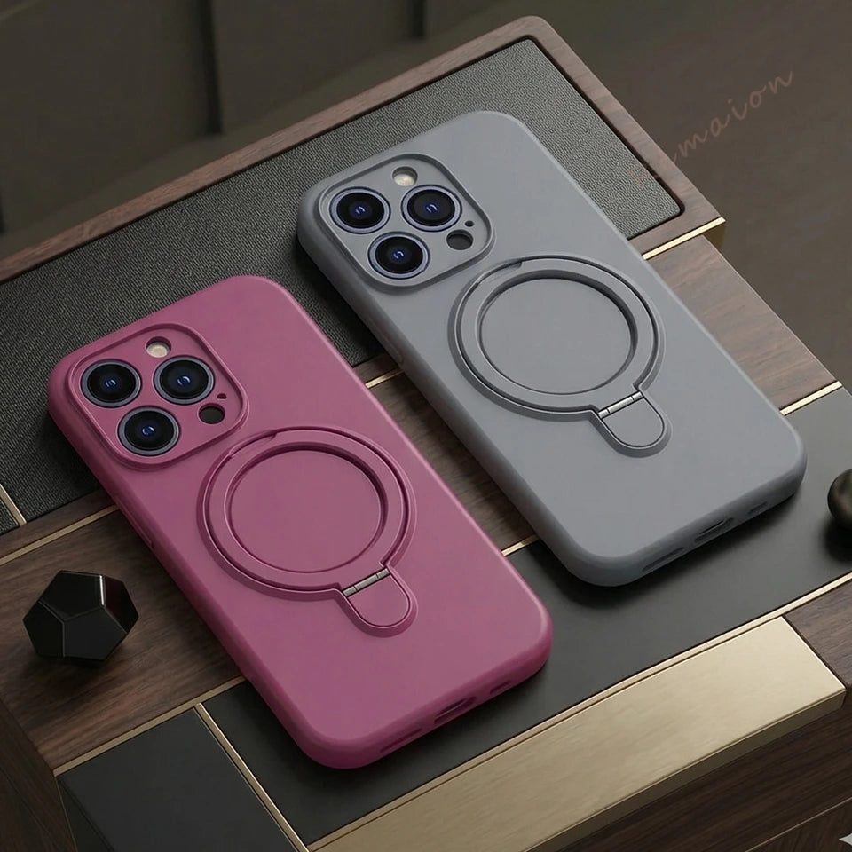 Magnetic Liduid Silicone Phone Case For iPhone 17 Air 14 15 16 Pro Max Magsafe Ring Holder Stand Shockproof Protector Cover