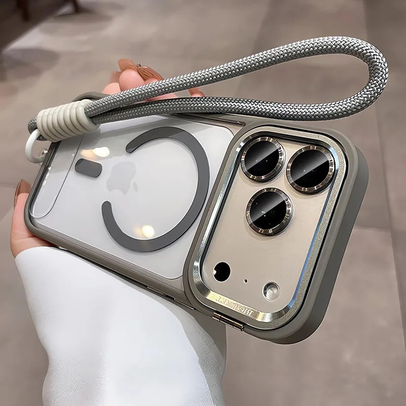 For iPhone 14 15 16 Plus Magnetic Camera Bracket Transparent for Magsafe Case for iPhone 17 16 15 14 13 12 Pro Max Lanyard Cover