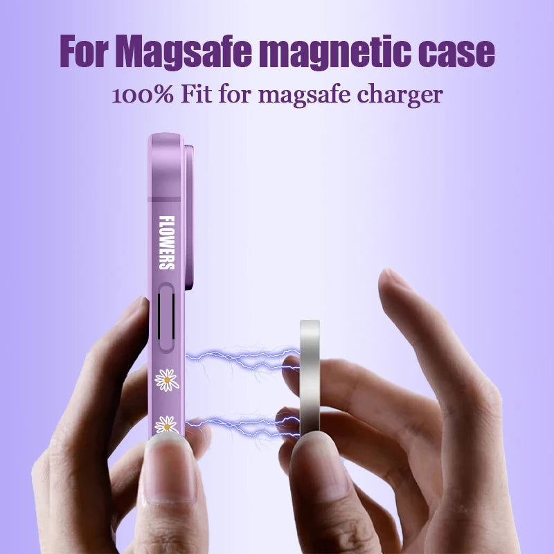 White Flowers Magnetic Case For iPhone 17e 17 16 15 14 13 12 Pro Max 11 16e For Magsafe Wireless Charge Soft Lanyard Phone Cover