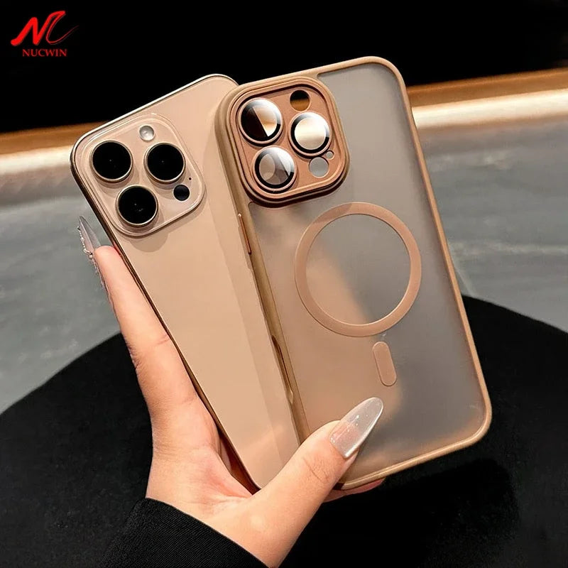 New Gold Slim Matte for Magsafe Case for iPhone 16 17 14 12 13 15 Pro Max Shockproof Armor PC TPU Cover for iPhone Air Lens Film