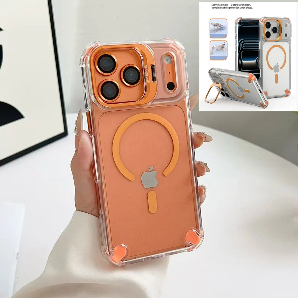 Luxury Magnetic Clear Case For iPhone 17 Pro Max 16 15 14 13 12 Pro Max 17Air For Magsafe With Glass Lens Protector Stand Cover