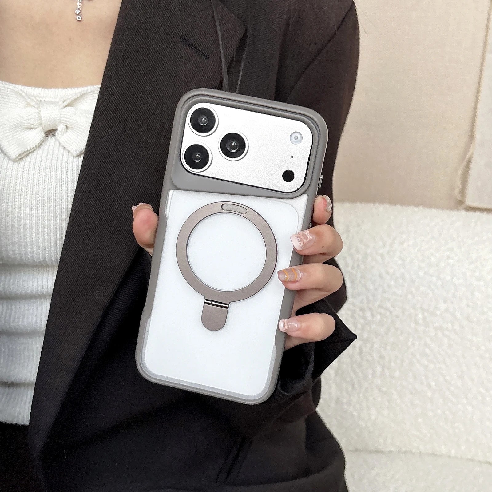 For Magsafe Magnetic Charge Translucent Armor Case For iPhone 17 16 15 14 13 Pro Max Metal Bracket Stand Holder Clear Cover