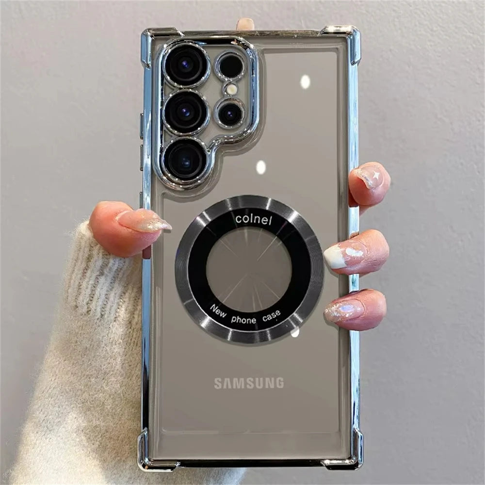 For Magsafe Plating Clear Phone Cases For Samsung Galaxy S26 S25 S24 Ultra S23 Plus Magnetic Corners Airbags Shockproof Cover