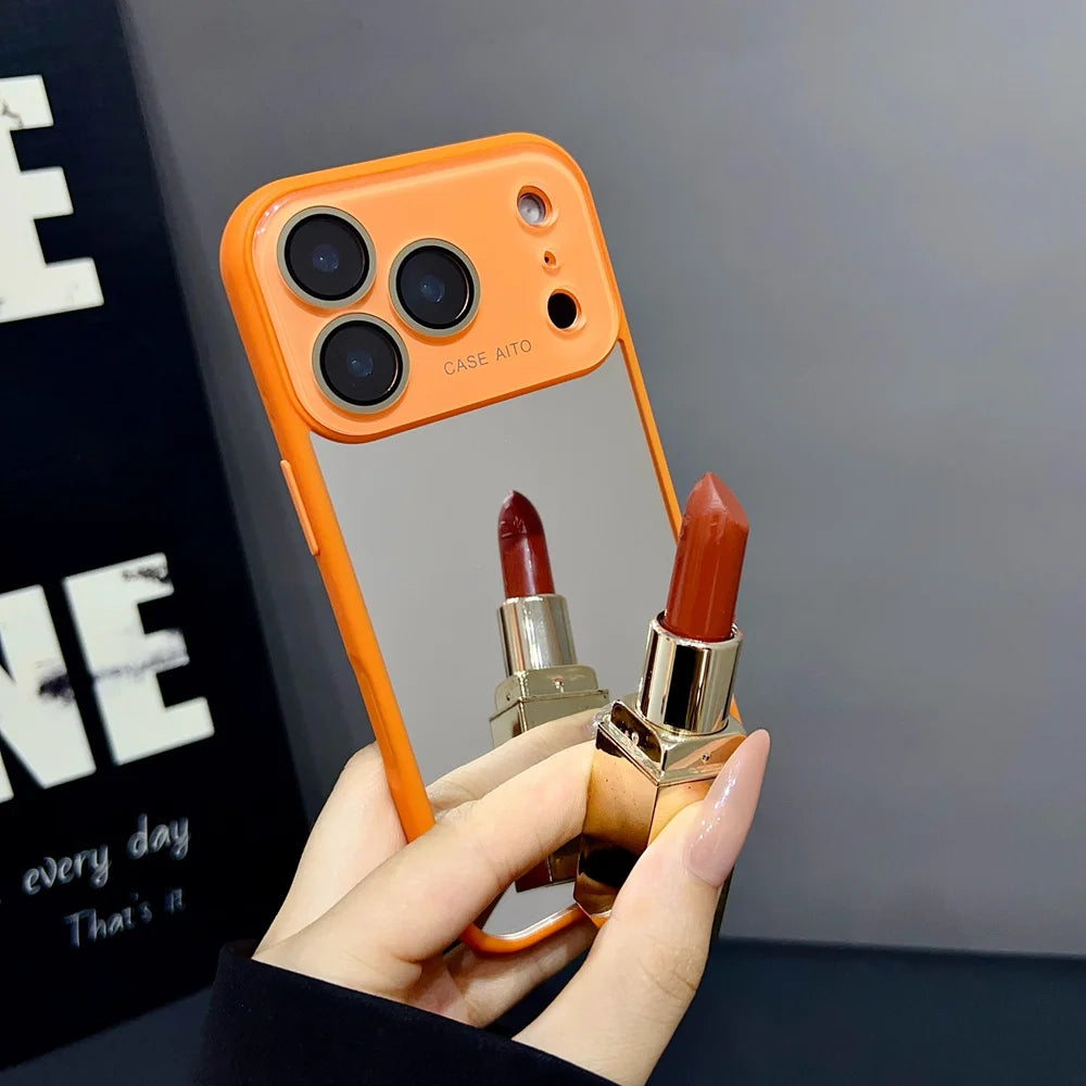 for iPhone 17Pro Fashion Mirror Big Window Phone Case for iPhone 15 16 17 Pro Max 14 13 Make Up With Lens Film Shockproof Cover