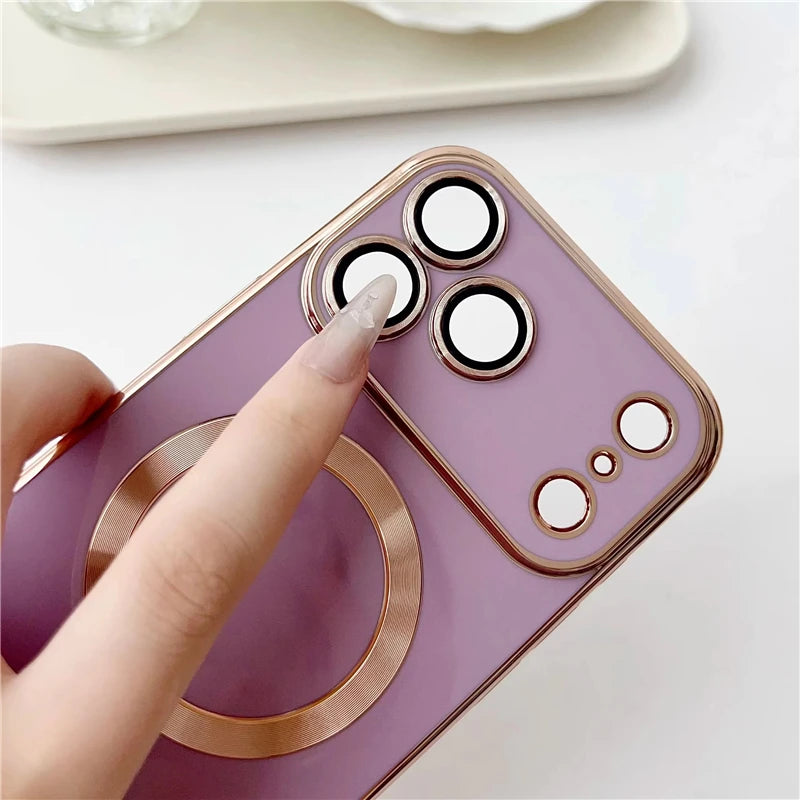 Luxury Plating Silicone Phone Case For iPhone 17 13 15 14 16 12 11 Pro Max Plus Air For Magsafe Magnetic Cover For iPhone 17 Pro