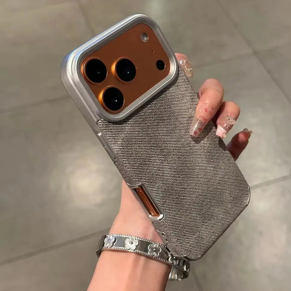 Luxury Jeans Fabric Soft Plating Case for iPhone 17 Air 16 15 14 Plus 13 12 11 Pro Max Shockproof Bumper Fabric Brand Cover Capa