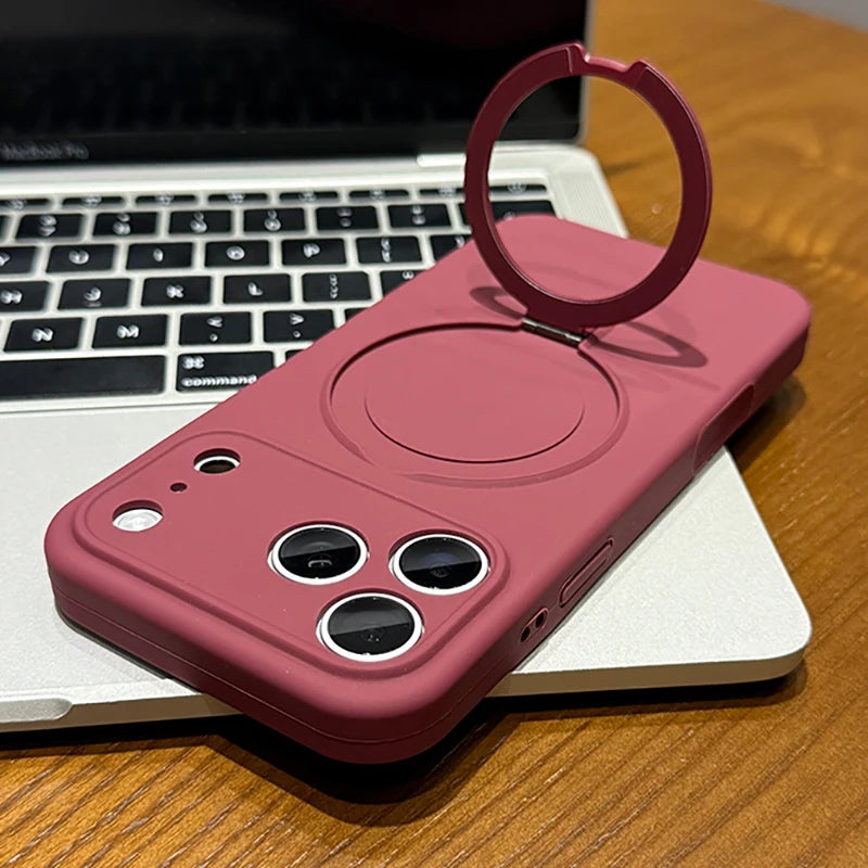 Origina Metal Magnectic Stand Holder Case For iPhone 17 Air 16 15 14 13 12 11 Pro Max Plus Magsafe Liquid Silicone Soft Cover