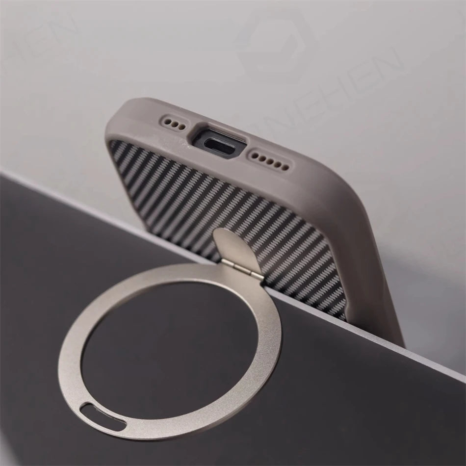 Luxury For Magsafe Shockproof Frame Armor Case For iPhone 13 15 12 14 16 17 Pro Max Metal Bracket Carbon Fiber Pattern Cover