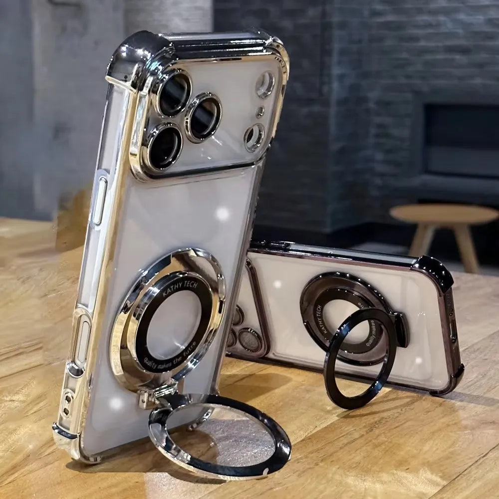 Luxury Plating Magnetic Bracket Phone Case For iPhone 17 Air 16 15 14 Plus 13 12 11 Pro Max Shockproof Holder Stand Back Cover