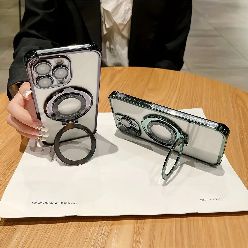 Luxury Plating Shockproof Magnetic Bracket For Magsafe Clear Case For iPhone 17 15 16 14 13 12 11 Pro Max Air Holder Stand Cover