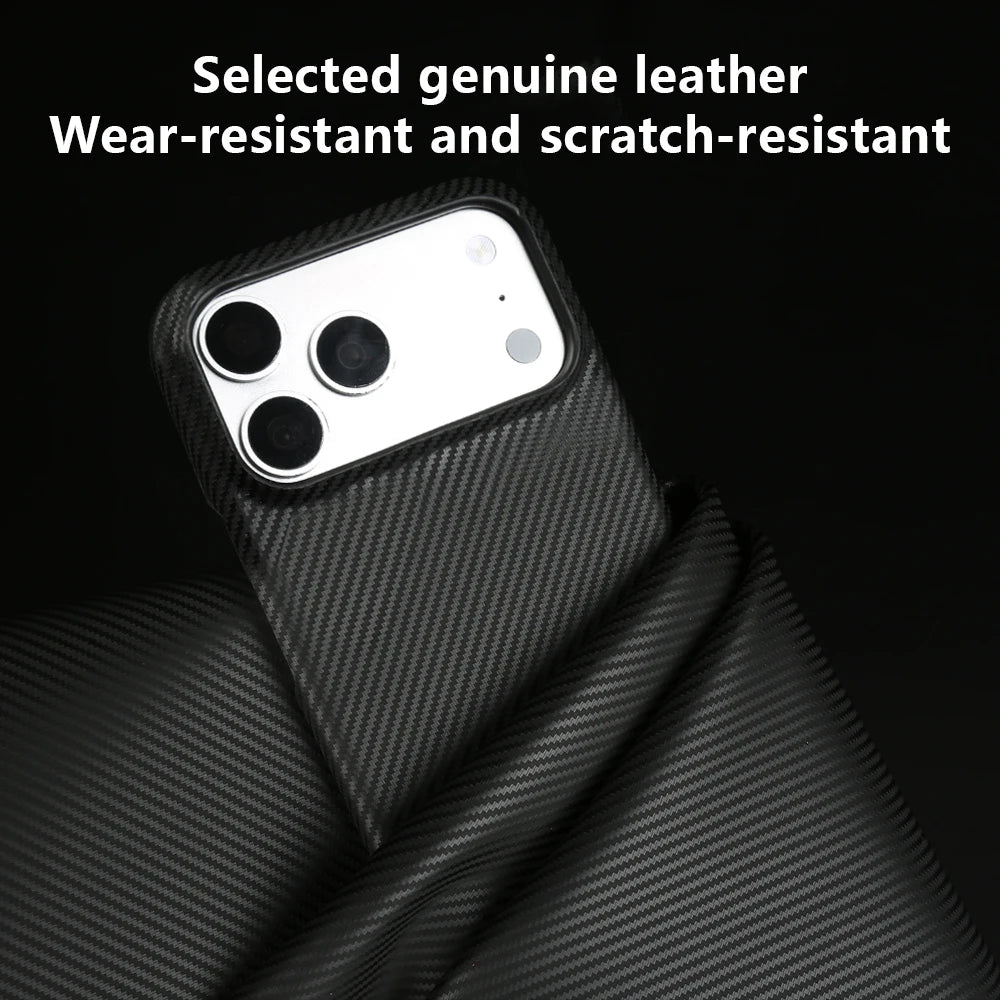 Carbon Fiber Weave Pattern Genuine Leather Case For iPhone 17 Pro Max 16 Pro Max 15 14 13 Cases Protective Phone Back Cover