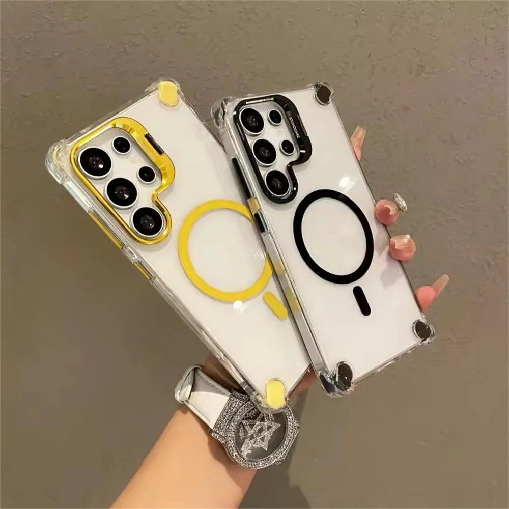 Fold Camera Holder Cases For Samsung Galaxy S25 Ultra 5G Magnetic Cover Funda For Samsung S24 S23 Ultra Transparent Case