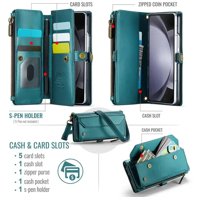 CaseMe Flip Leather Phone Case for Samsung Galaxy Z Fold 7 6 5 4 S26 Ultra S25 FE S24 Plus S23 S22 S21 Zipper Wallet Cards Cover