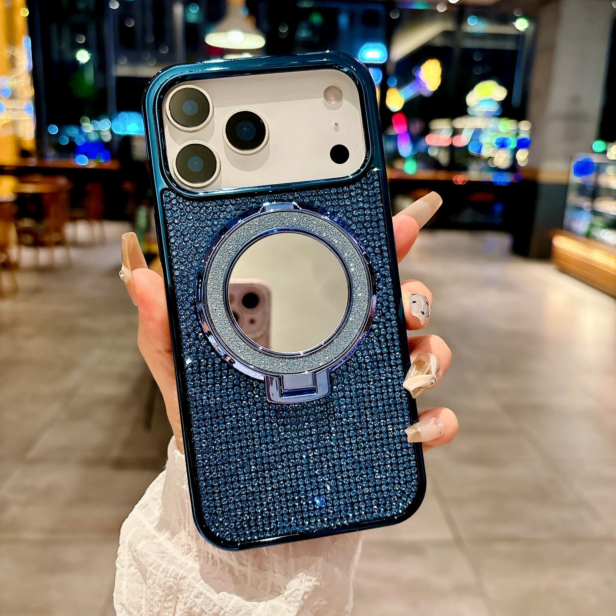 Plating Glitter Make UP Mirror Bracket Cover For iPhone 17 Air 16 15 14 Plus 11 12 13 17 Pro Max For Magsafe Diamond Phone Case