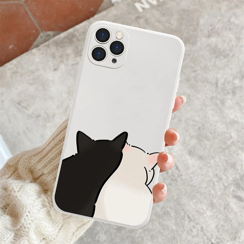 Cute Lovers Cat Couple Phone Case For iPhone 16 15 14 13 12 11 Pro Max Plus 17 Air 13Mini Matte Soft Paired Cover Fundas Shells