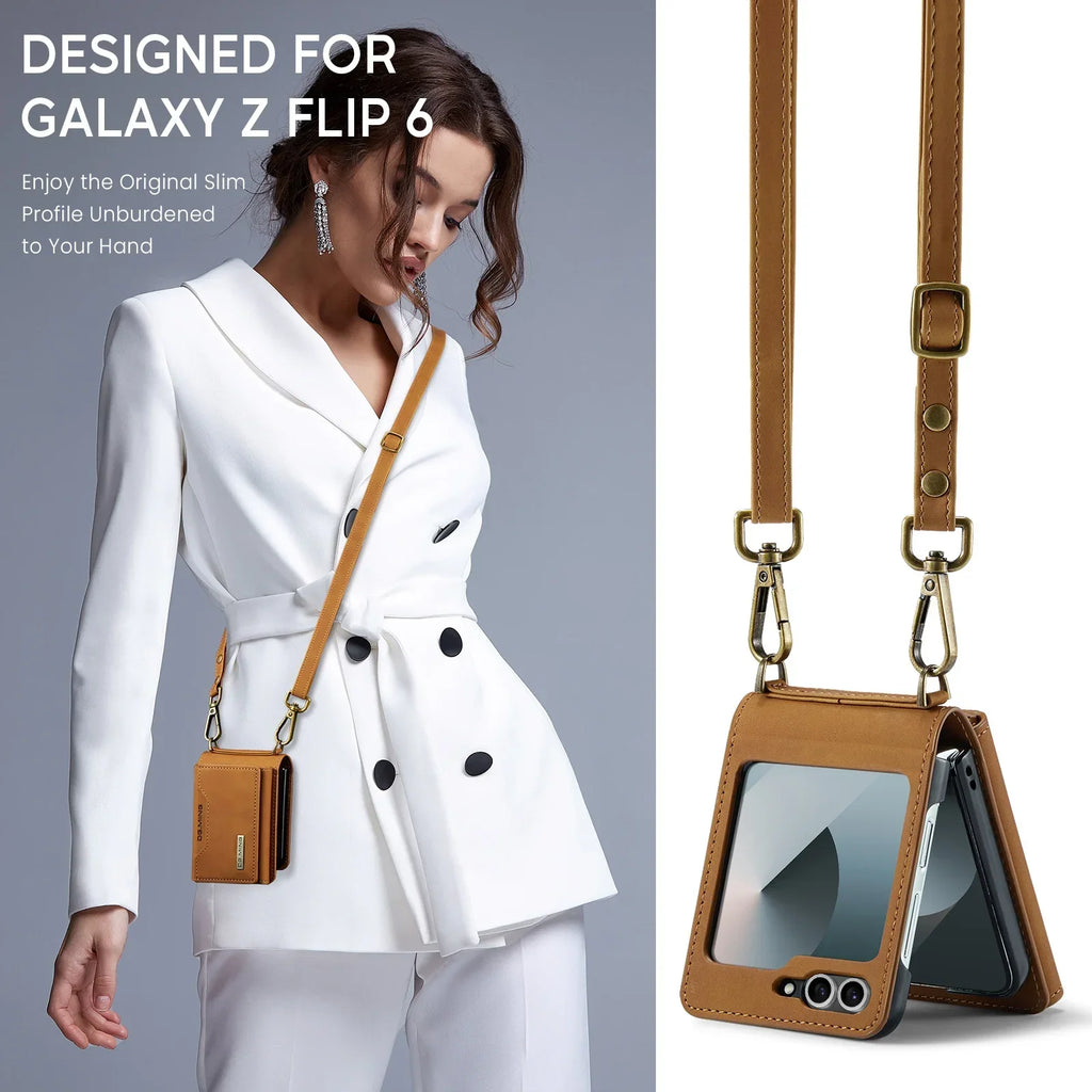 Crossbody Leather Cover Wallet Phone Case For Samsung Galaxy Z Flip 7 fe 6 5 4 3 5G Flip6 Cards Slot Purse Triple Fold Bag Shell
