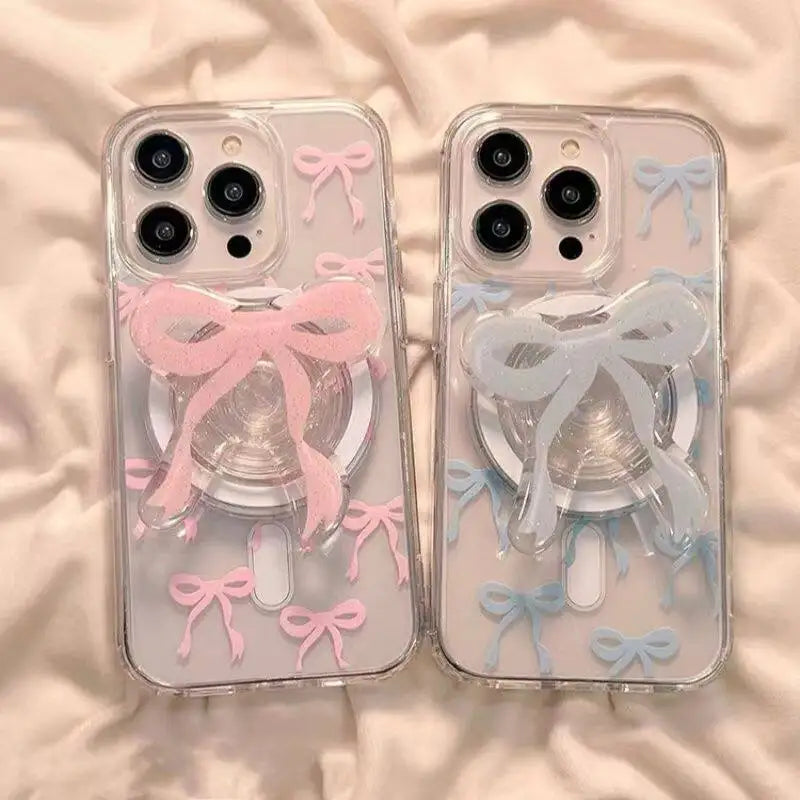 Ins Korea Girl Full Screen Pink Blue Bow For Magsafe Phone Case For iPhone 11 12 13 14 15 16 17 Air Pro Max Plus MINI Y2K Cover
