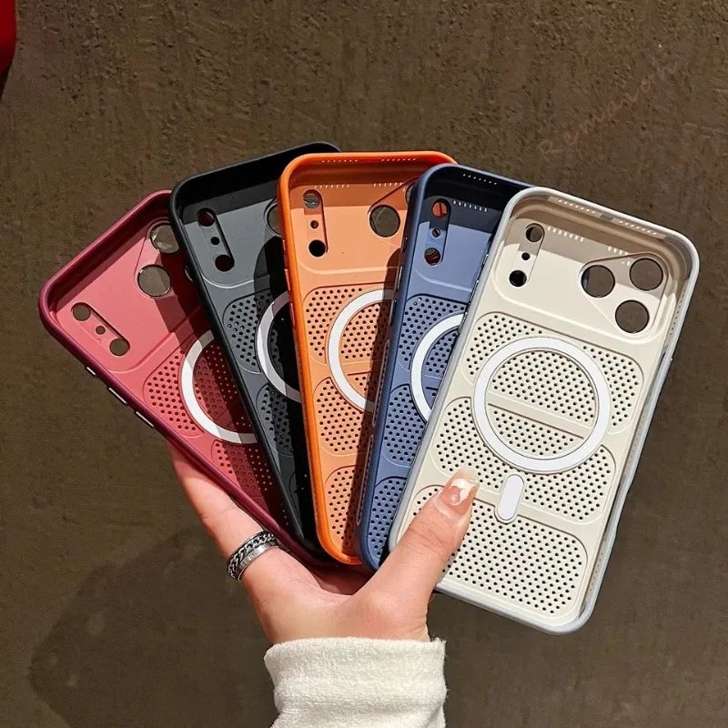 Luxury Armor Shockproof Heat Dissipation Mesh Magnetic Case For IPhone 17 16 15 14 13 Pro Max Lens Protect Matte Hard PC Cover