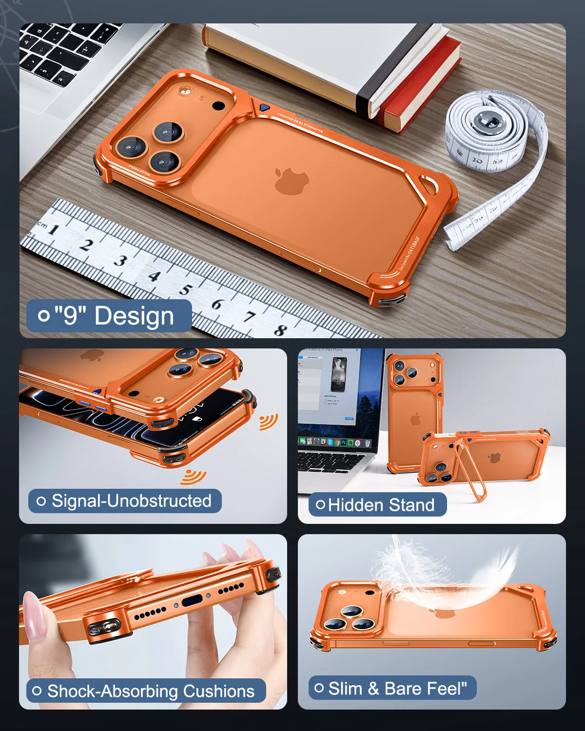 Oatsbasf 9-Shaped Phone Case for iPhone 17 Pro Max/Pro/Air with Stand Metal Frameless Magsafe Minimalist Bumper Shockproof Cover