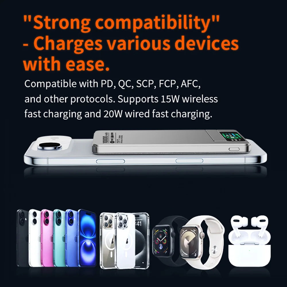 Domars 10000mAh Ultra-thin Power Bank Magnetic Wireless 20W Fast Charging with Phone Stand and Display for iPhone 17/16/15/14
