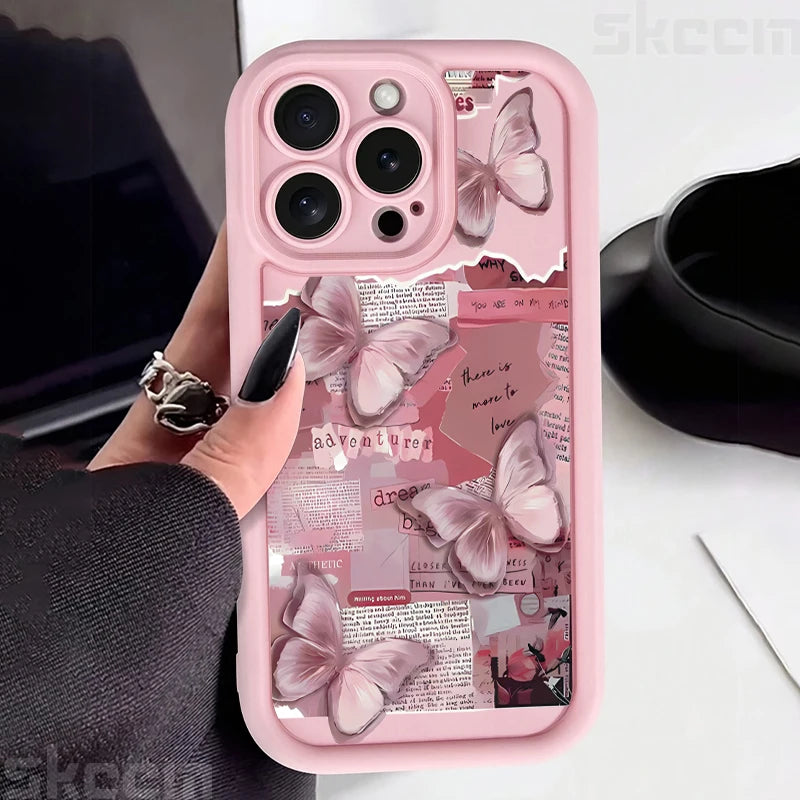 Pink Cute Butterfly Silicone Soft Phone Case For iPhone 17 16 16E 15 14 13 12 11 Pro Max XS XR X 7 8 Plus Shockproof Candy Cover