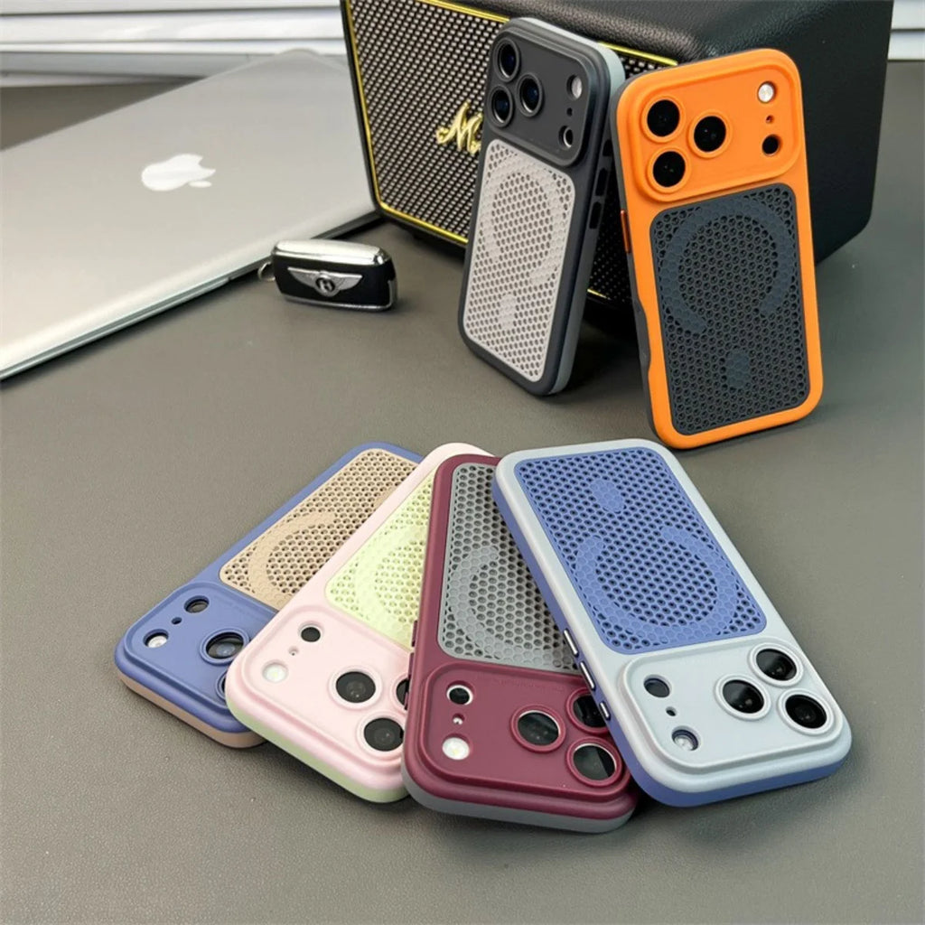 Heat Dissipation Mesh Hole Magnetic For Magsafe Case For iPhone 17 16 15 14 13 12 Pro Max Plus Large Window Camera Protect Cover