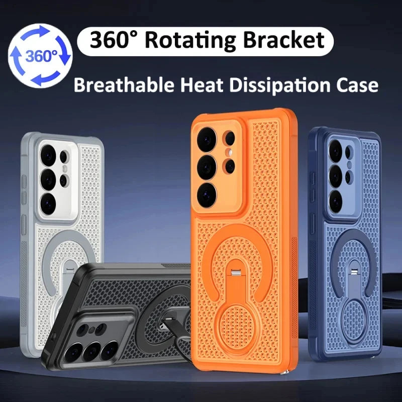 360° rotating bracket magnetic phone case for Samsung Galaxy S26 S25 S24 S23 FE Plus Ultra breathable shockproof bumper cover