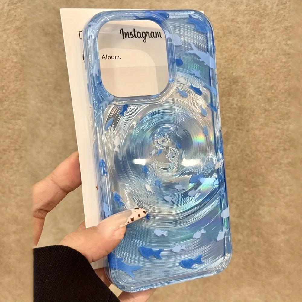 Transparent Blue Vortex Fish Water Ripple Pattern Case For iPhone 15 16 17 Pro Max 13 14 12 11 Glitter Cover With A Koi Pendant