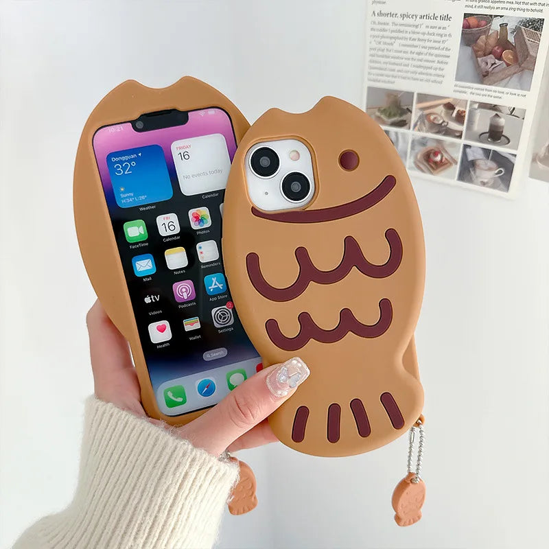 Cute Cartoon Animal 3D Taiyaki Fish Silicone Phone Case For iPhone 17Air 15 14 13 12 16 Pro Max With Pendant Shockproof Cover